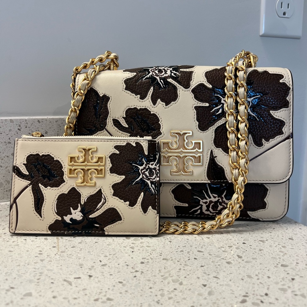 Tory Burch Cream and Brown Floral Crossbody Bag set with card holder